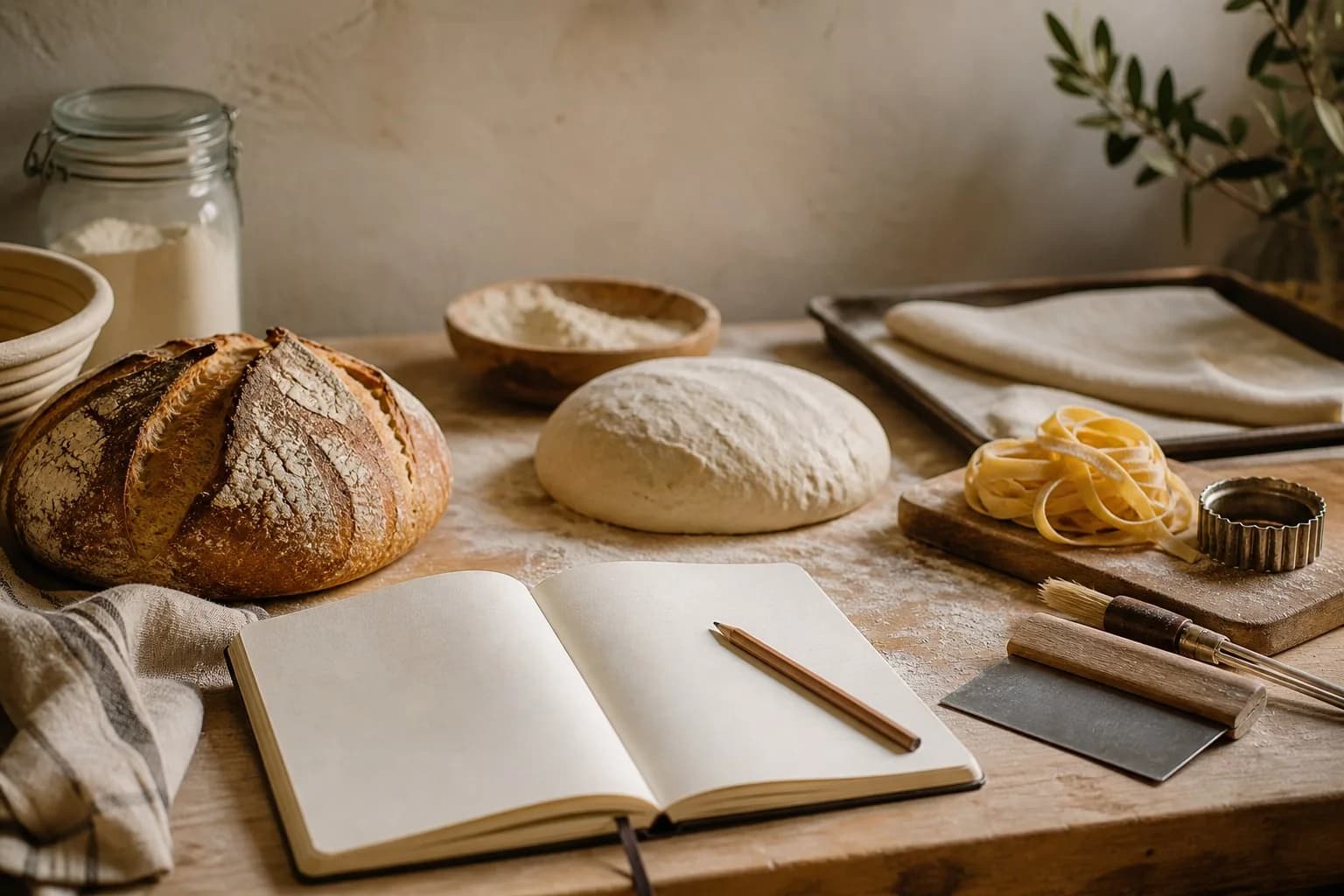 A flour-dusted workbench prepared for sourdough and fresh pasta pre-orders