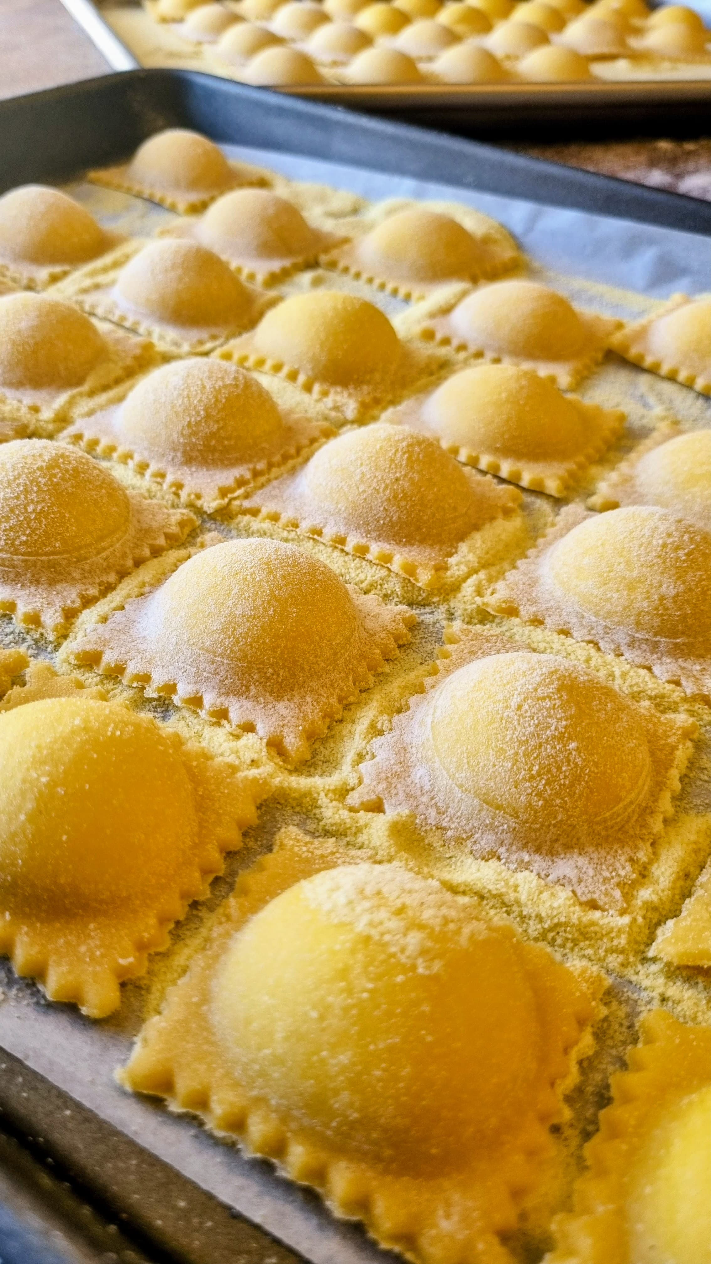 Ravioli filled with caramelized onion, sundried tomato, ricotta, and provolone